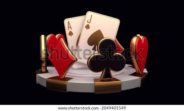 casino cards poker blackjack baccarat  Black và Red Ace Symbols With Golden Metal 3d render 3d rendering illustration 